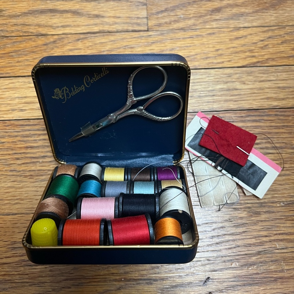Vintage Belting Corticelli Sewing Box - blue 1950s Mending Kit